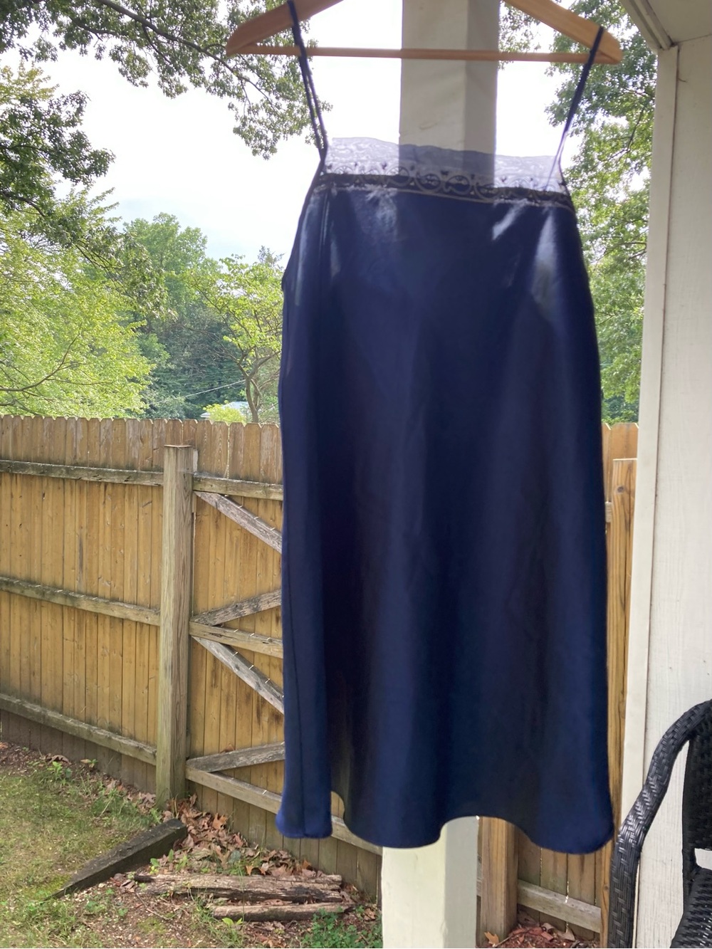 Jaclyn Smith Navy Satin Chemise Slip Dress with Lace Trim